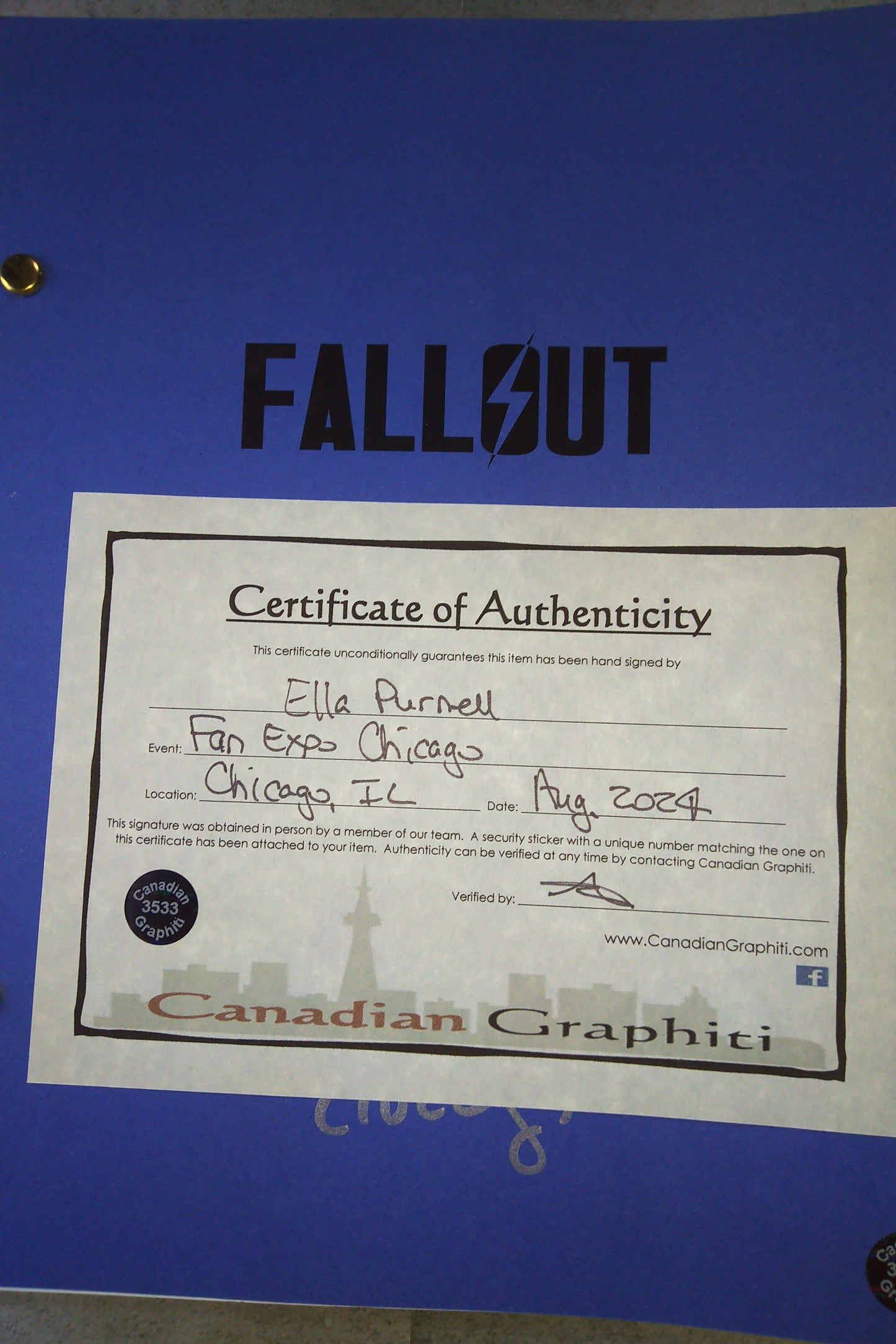 Ella Purnell Hand Signed Autograph Fallout Script COA