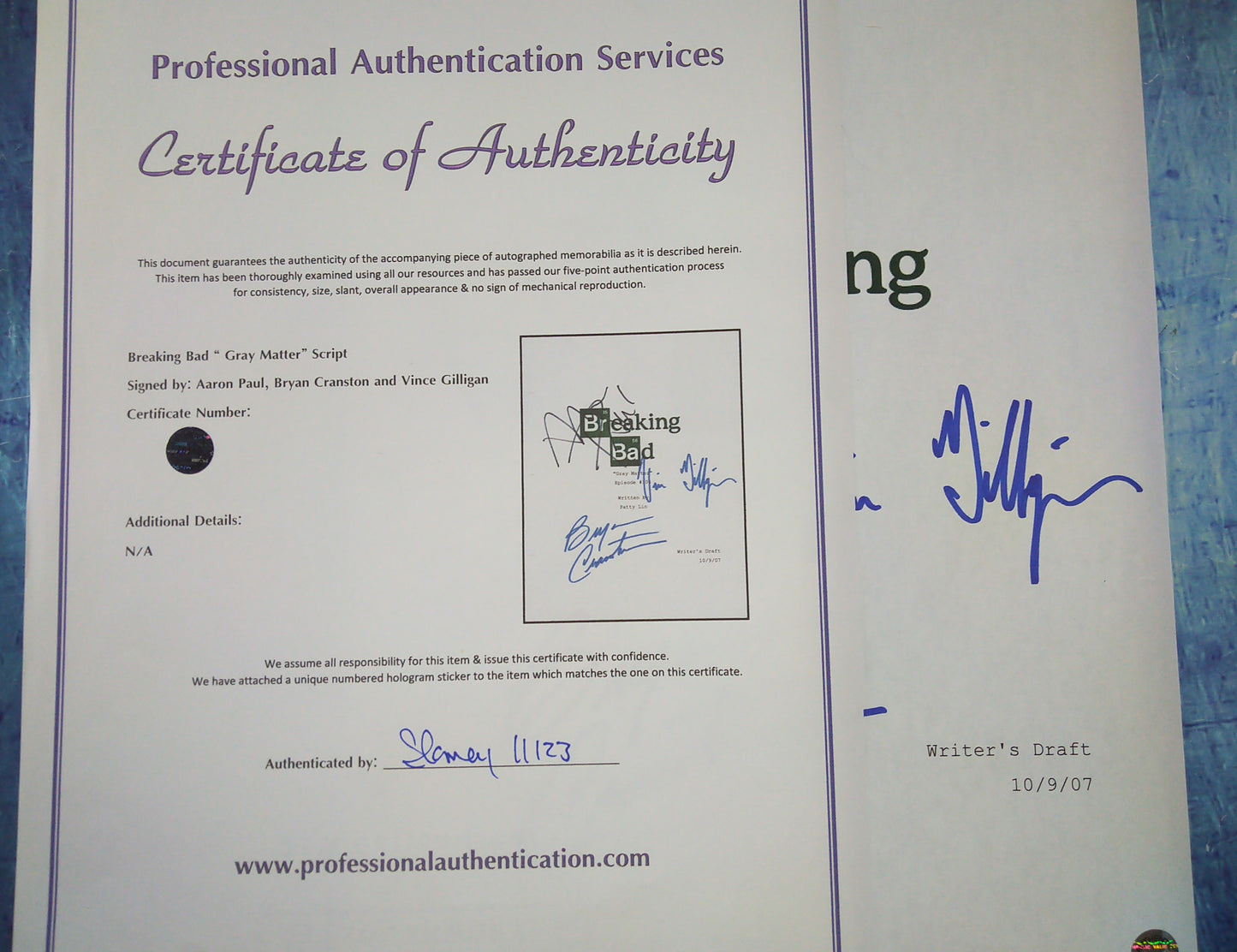 Breaking Bad Cast Hand Signed Autograph Breaking Bad Script COA Bryan Cranston, Aaron Paul & Vince Gilligan