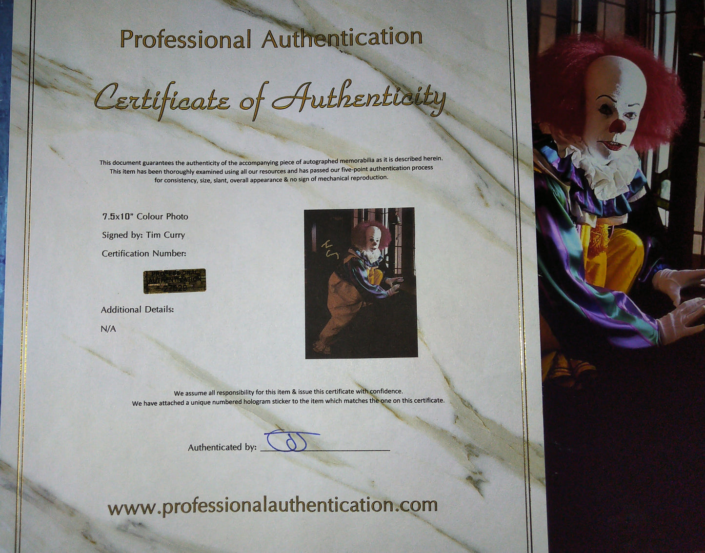 Tim Curry Hand Signed Autograph Photo COA Pennywise