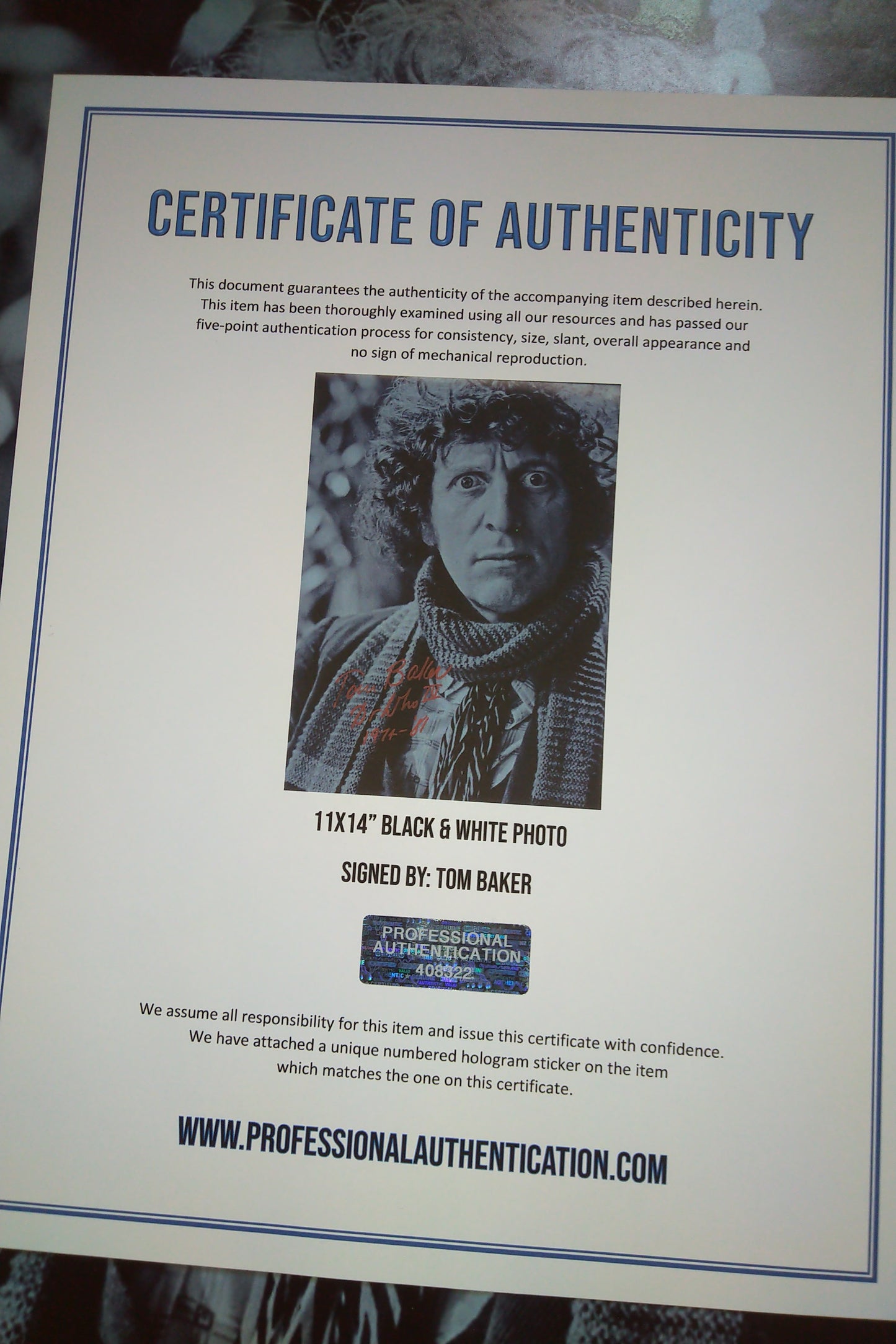 Tom Baker Hand Signed Autograph 11x14 Photo COA Doctor Who