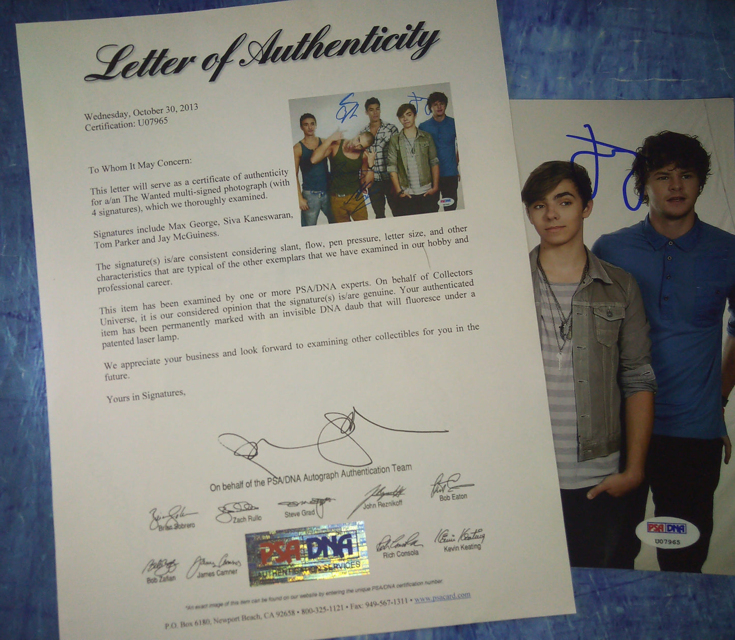 The Wanted Hand Signed Autograph 8x10 Photo PSA COA Tom Parker, Max George, Siva Kaneswaran & Jay McGuiness