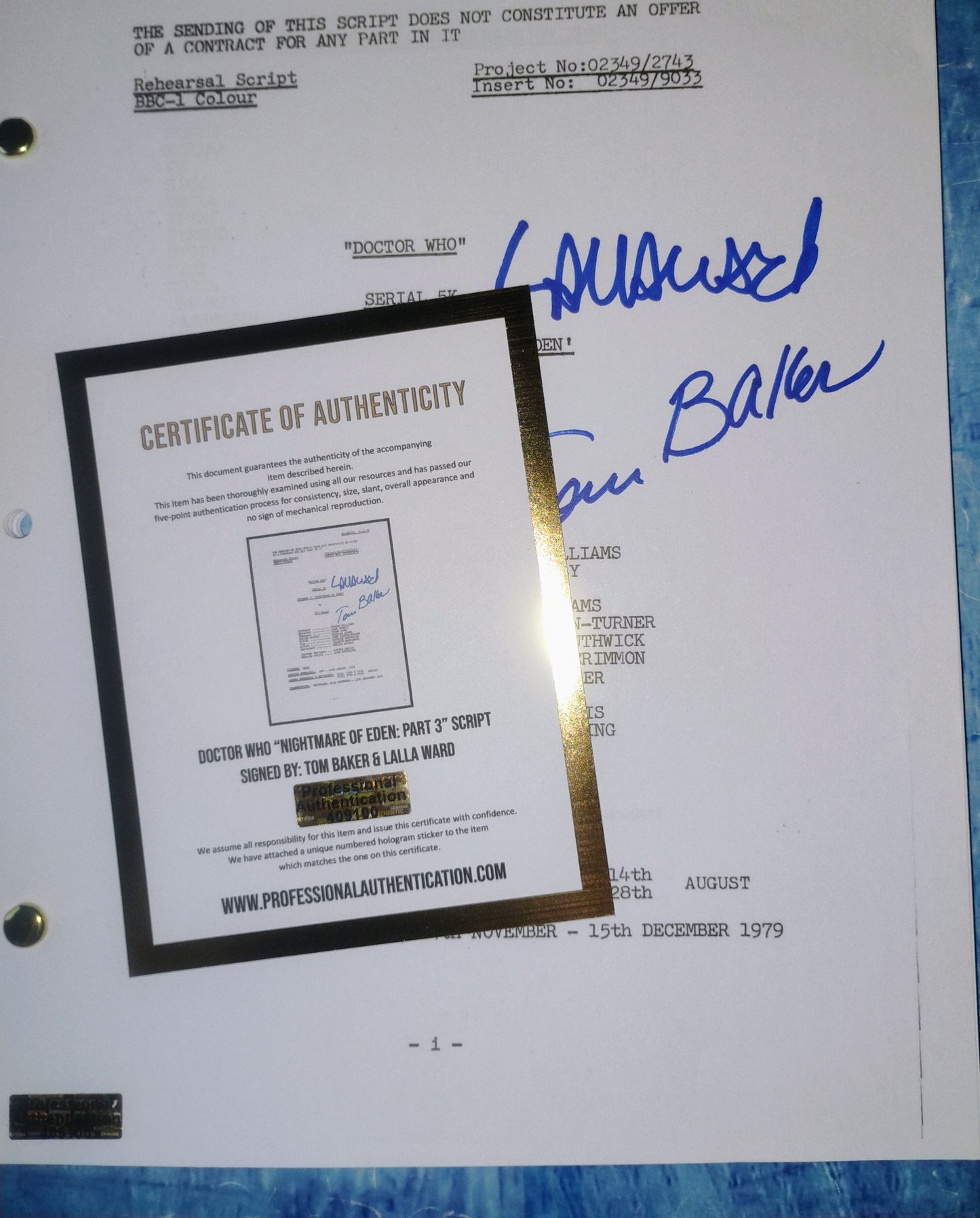 Lalla Ward & Tom Baker Hand Signed Autograph Doctor Who Script COA