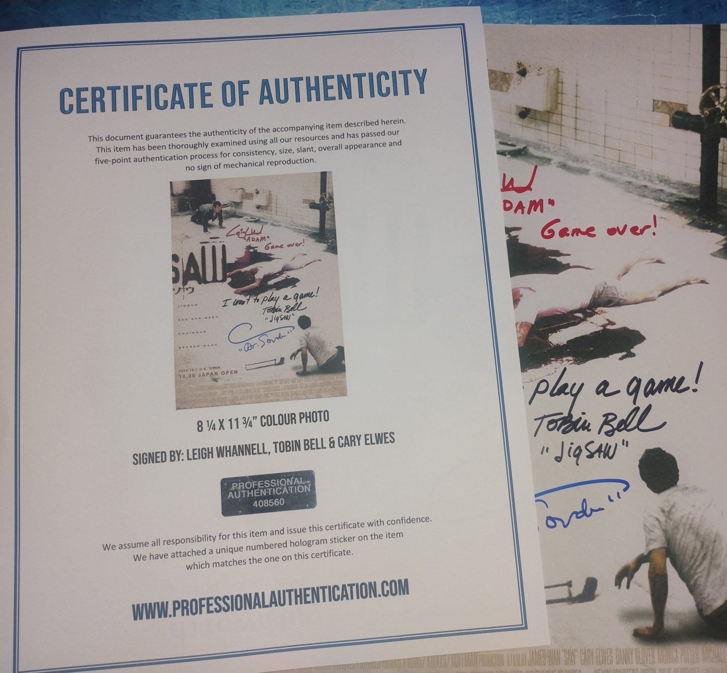 Tobin Bell, Leigh Whannell & Cary Elwes Hand Signed Autograph Photo COA Saw