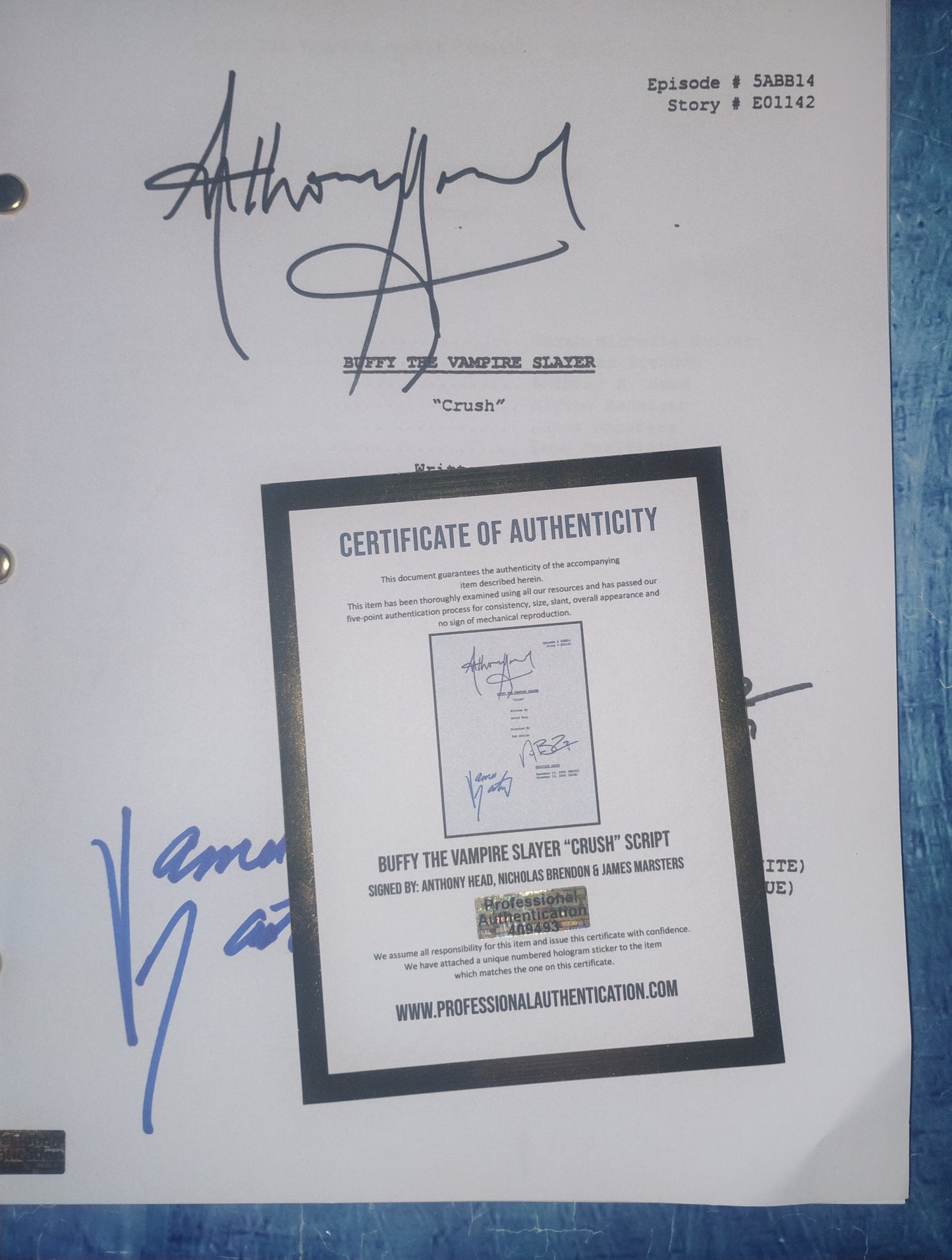 Buffy The Vampire Slayer 3x Cast Hand Signed Autograph Script COA Nicholas Brendon, James Marsters & Anthony Head