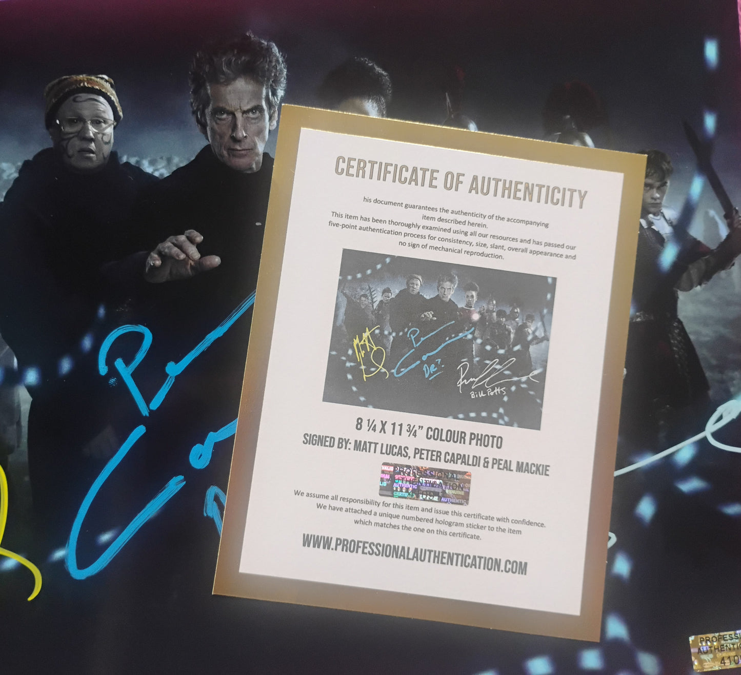 Peter Capaldi, Pearl Mackie & Matt Lucas Hand Signed Autograph Photo COA Doctor Who