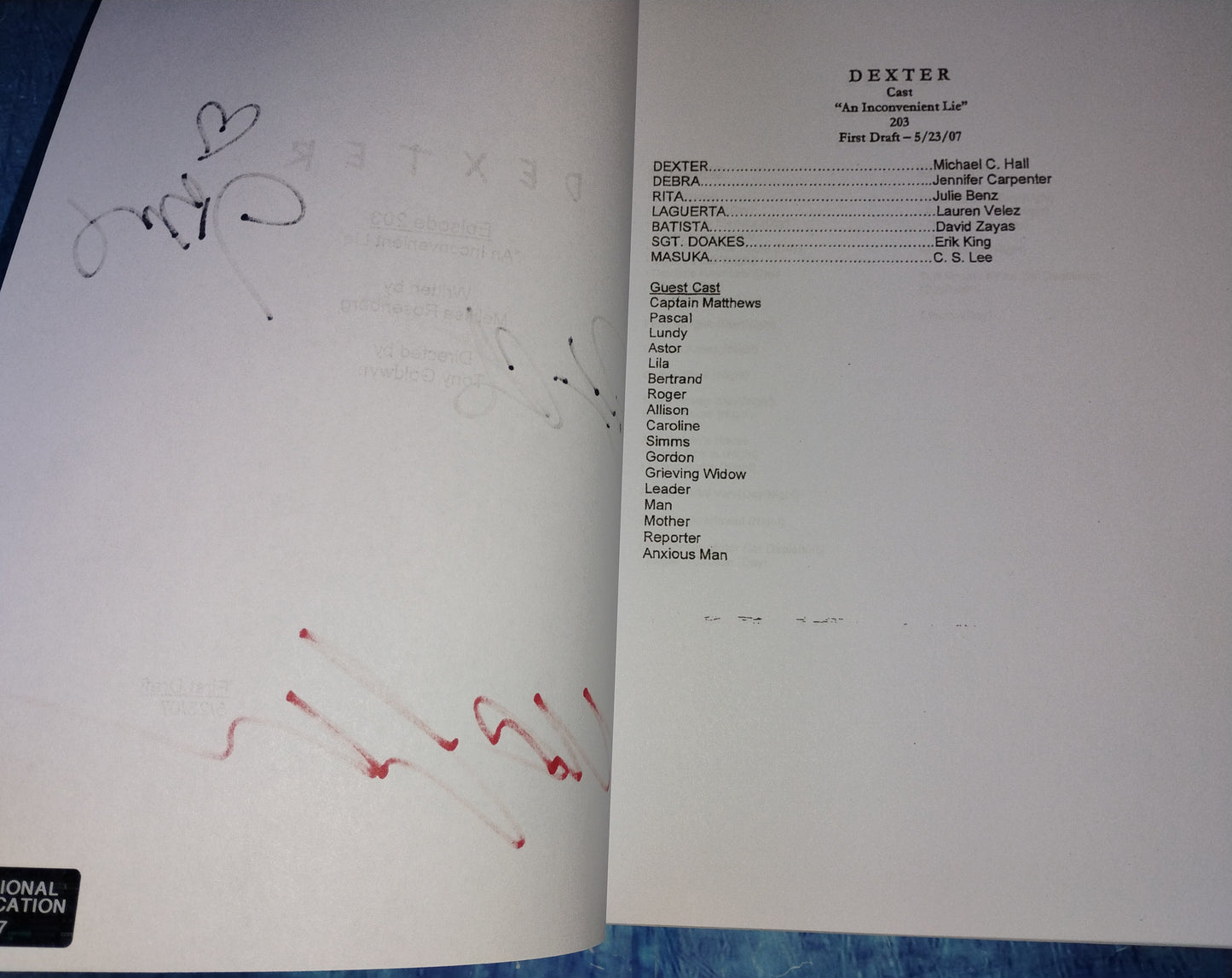 Dexter 3x Cast Hand Signed Autograph Script COA Michael C Hall, Julie Benz & Jennifer Carpenter