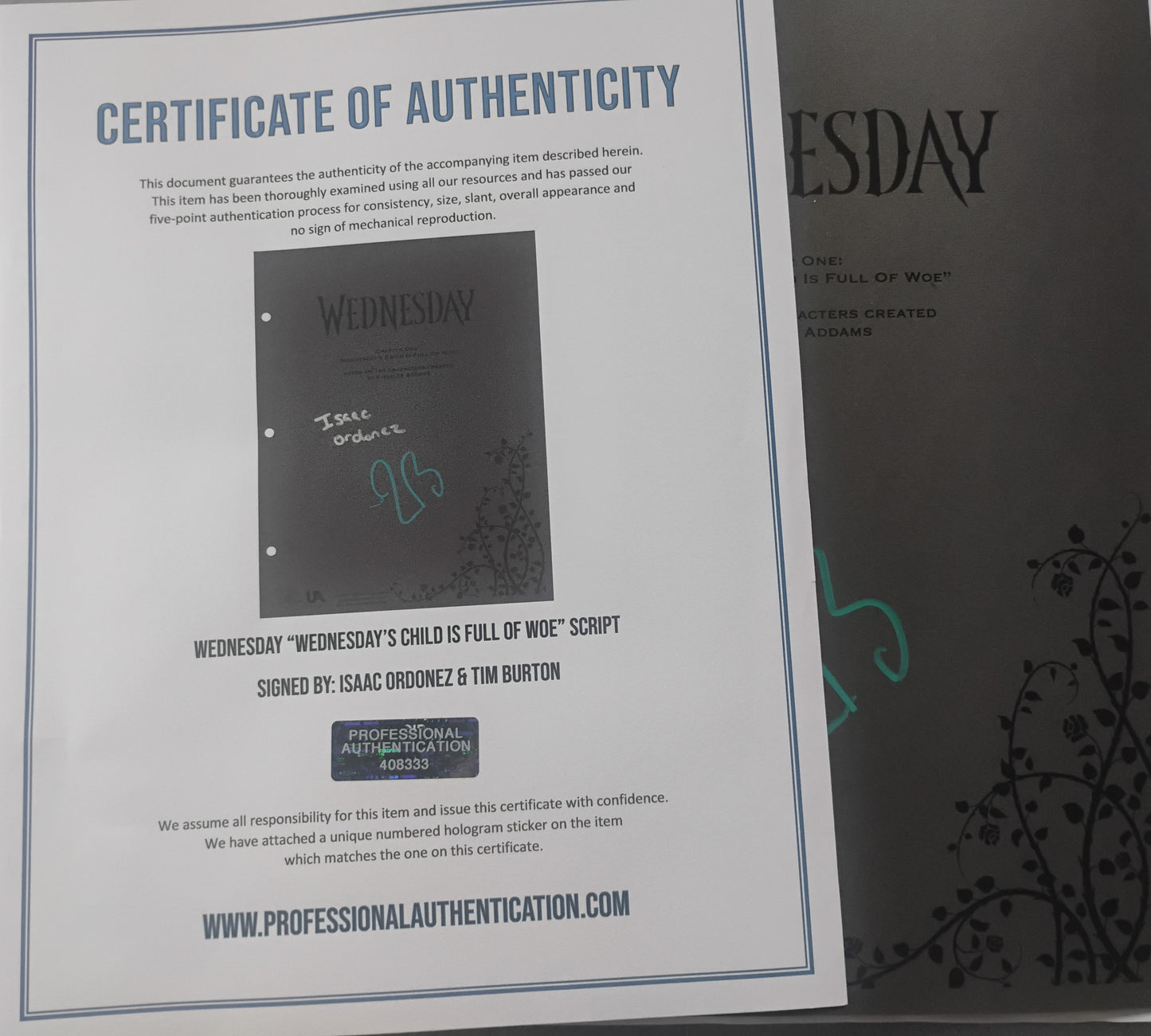 Tim Burton & Isaac Ordonez Hand Signed Autograph Wednesday Script COA