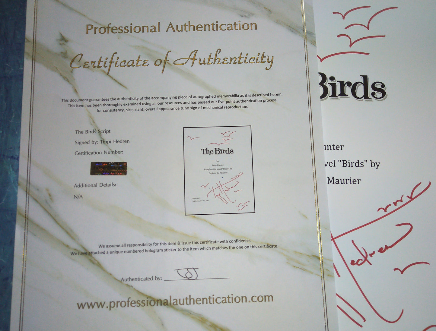 Tippi Hedren Hand Signed Autograph The Birds Script COA