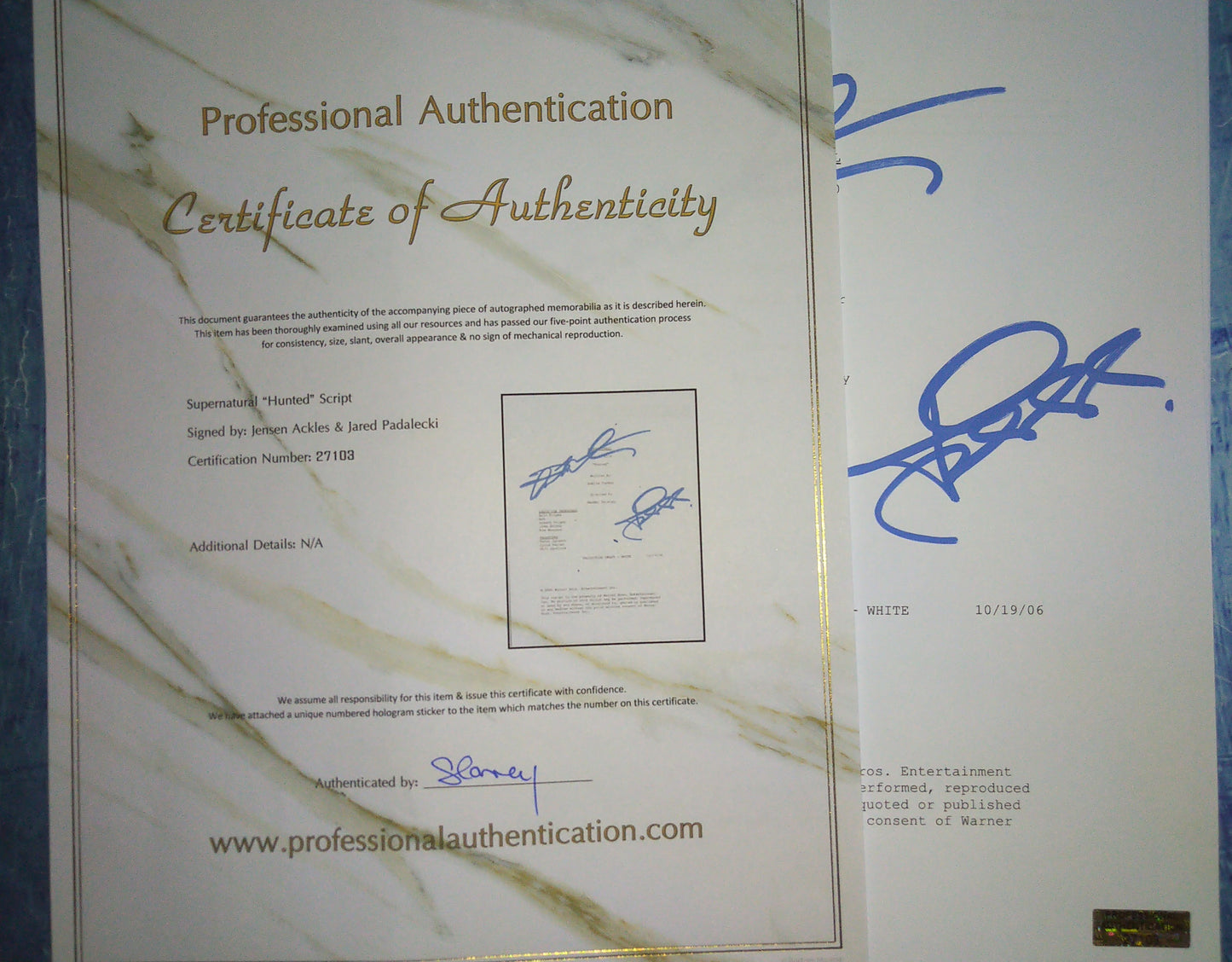 Jensen Ackles & Jared Padalecki Hand Signed Autograph Supernatural Script COA