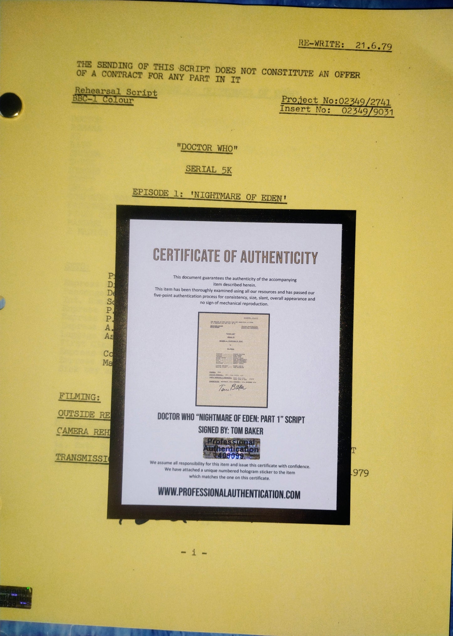 Tom Baker Hand Signed Autograph Doctor Who Script COA