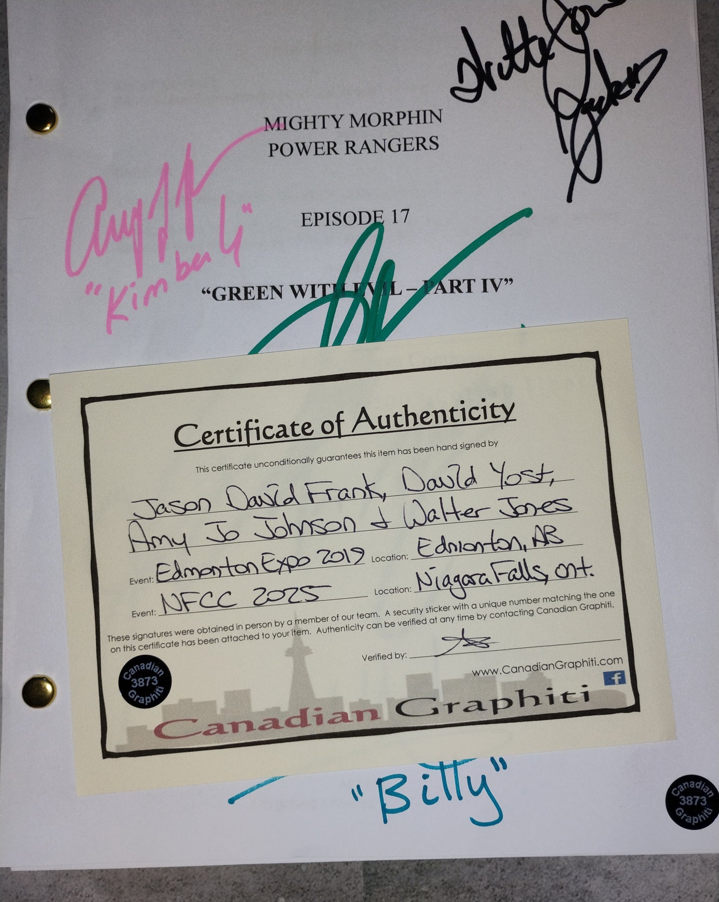 Mighty Morphin Power Rangers 4x Cast Hand Signed Script COA