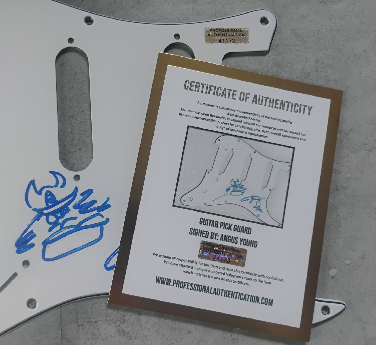 Angus Young AC/DC Hand Signed Autograph Guitar Pick Guard COA