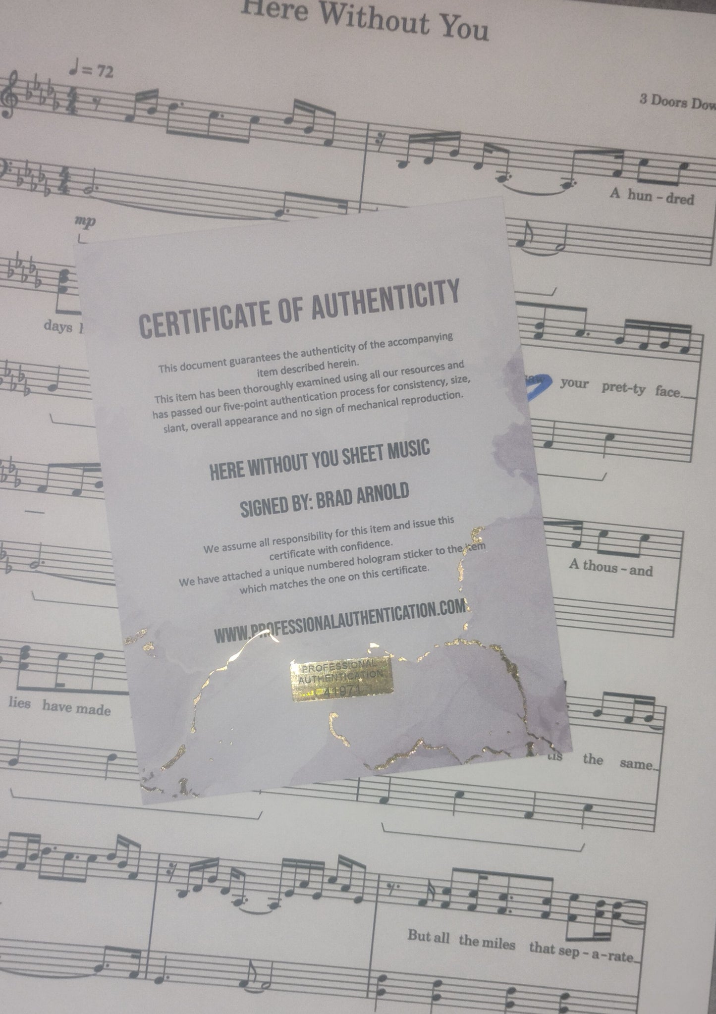 Brad Arnold Hand Signed Autograph Sheet Music COA 3 Doors Down