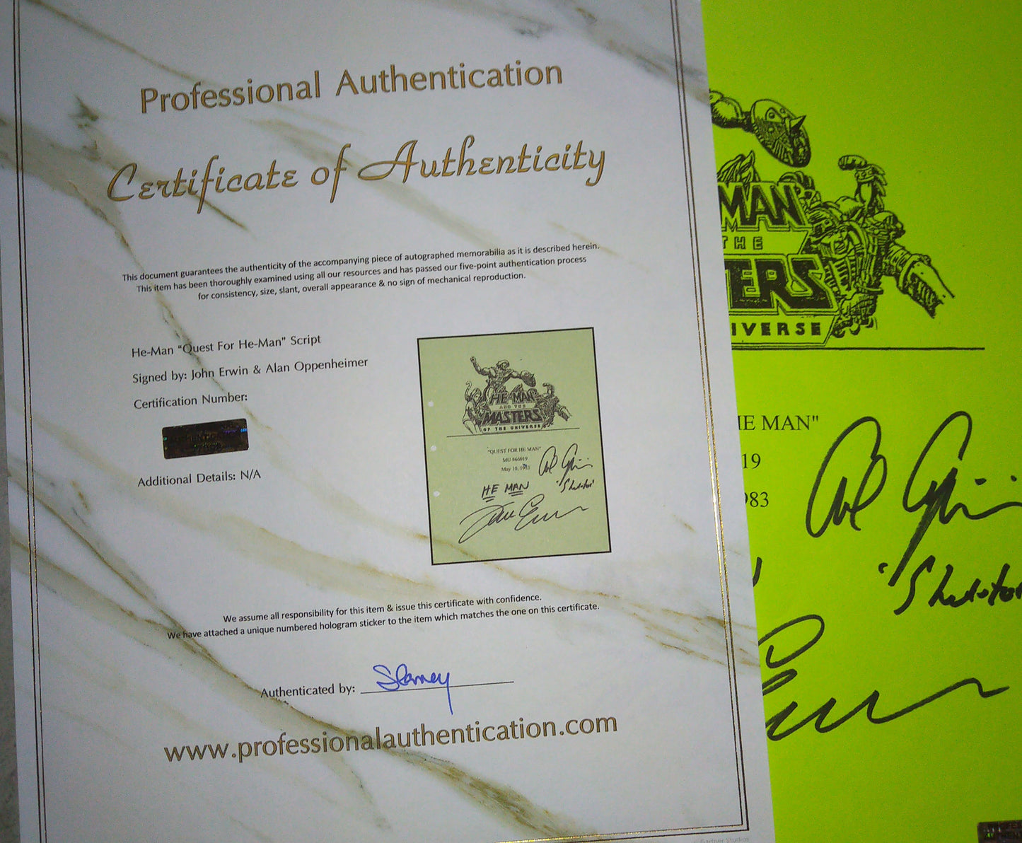 Alan Oppenheimer & John Erwin Hand Signed Autograph He-man Script COA