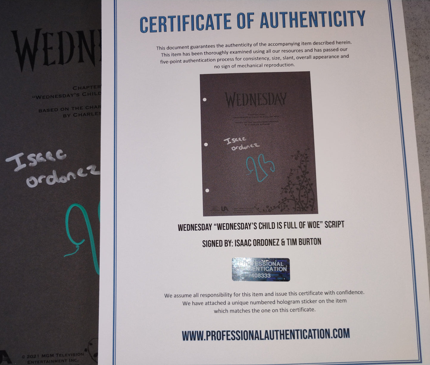 Tim Burton & Isaac Ordonez Hand Signed Autograph Wednesday Script COA