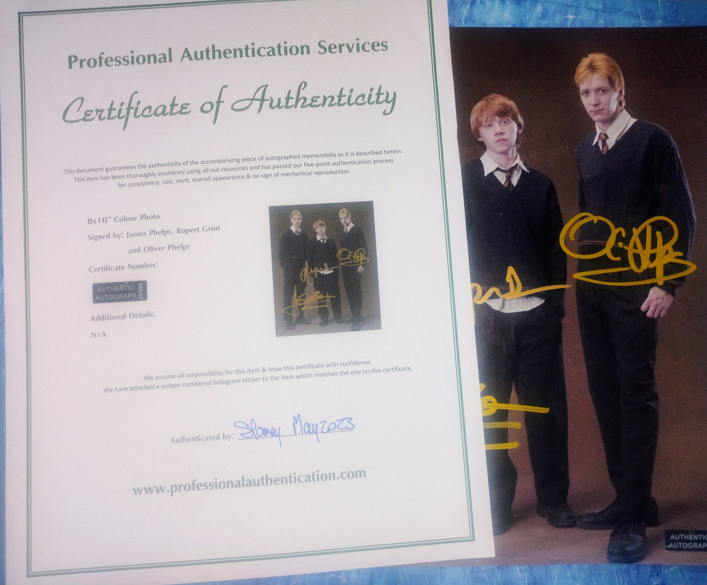 Rupert Grint, James Phelps & Oliver Phelps Hand Signed Autograph 8x10 Photo