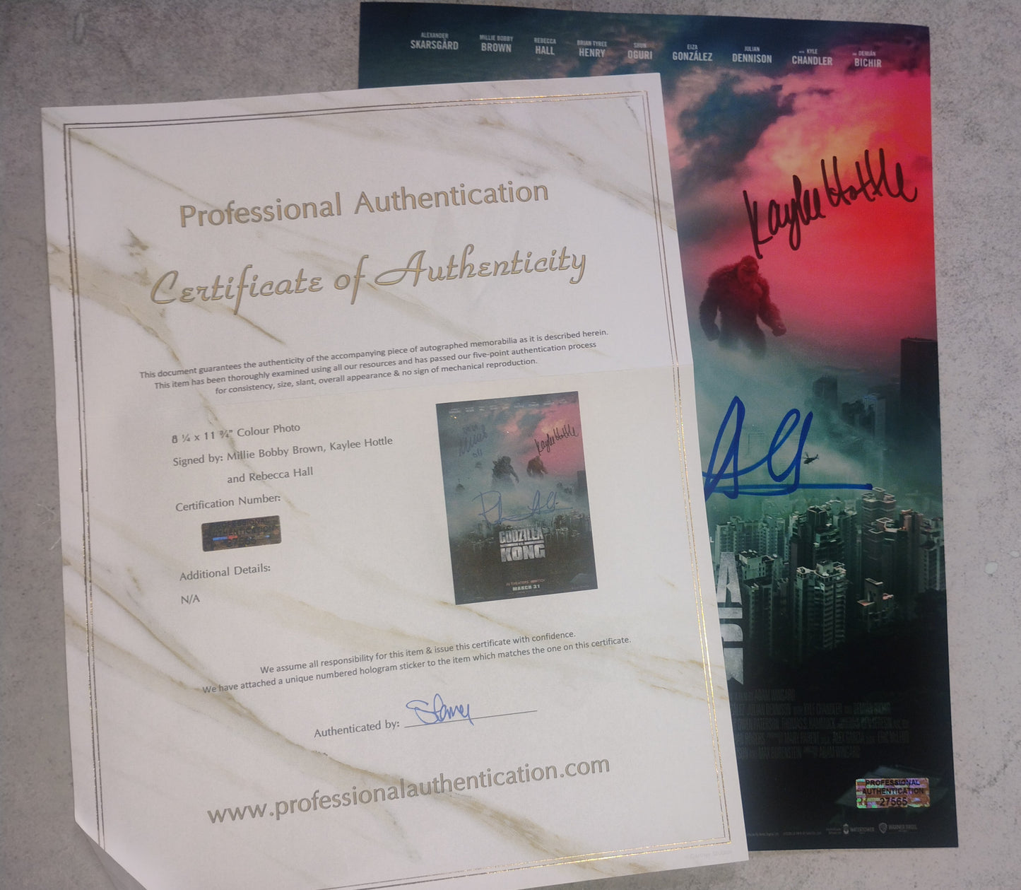 Millie Bobby Brown, Kaylee Hottle & Rebecca Hall Hand Signed Autograph Photo Godzilla vs Kong