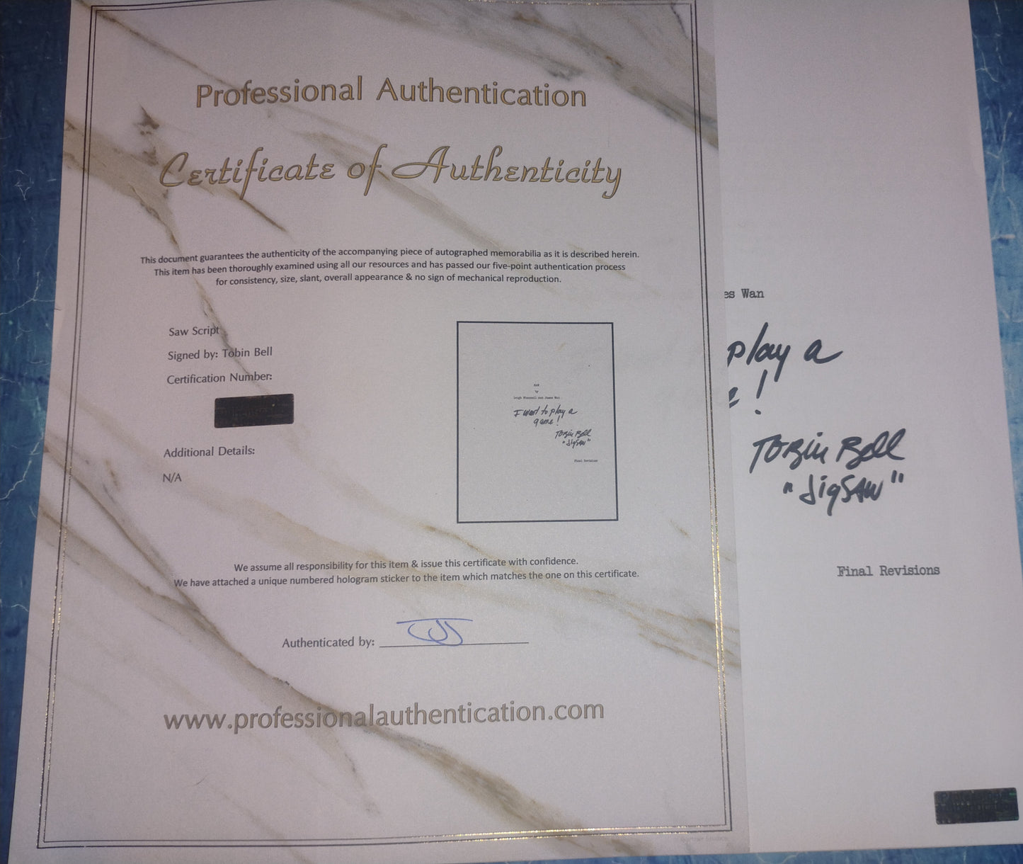 Tobin Bell Hand Signed Autograph Saw Script COA
