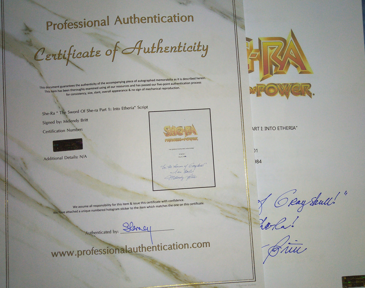Melendy Britt Hand Signed Autograph She-ra Script COA