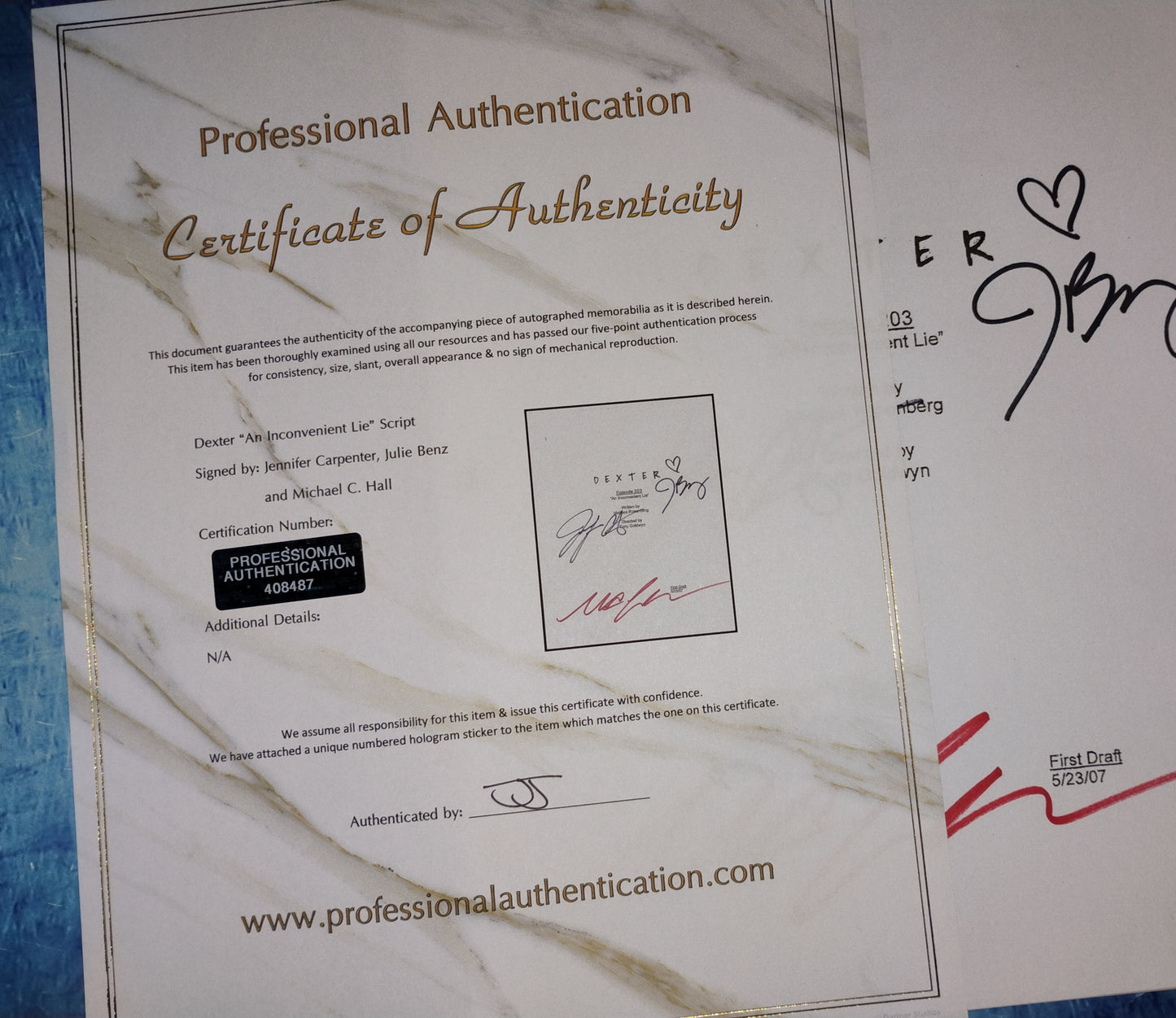 Dexter 3x Cast Hand Signed Autograph Script COA Michael C Hall, Julie Benz & Jennifer Carpenter