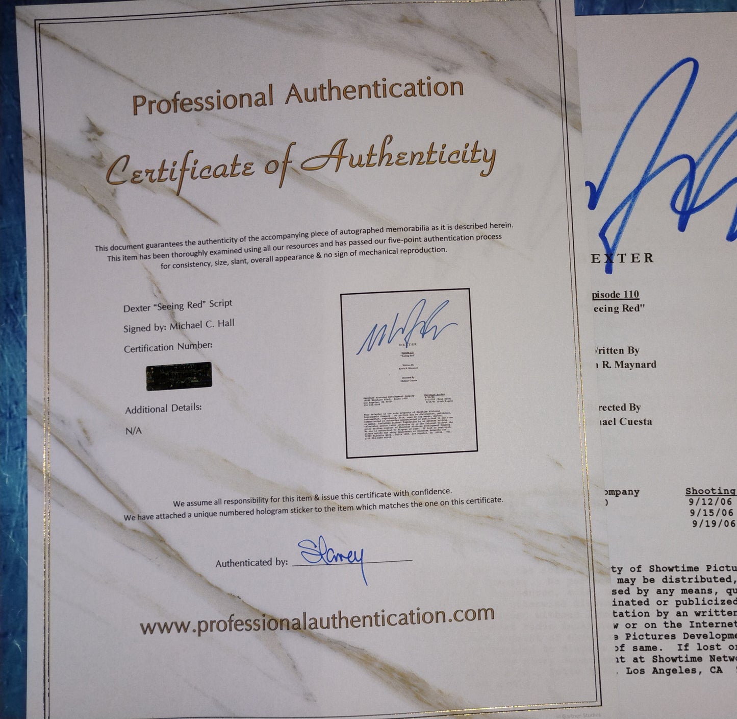 Michael C Hall Hand Signed Autograph Dexter Script COA