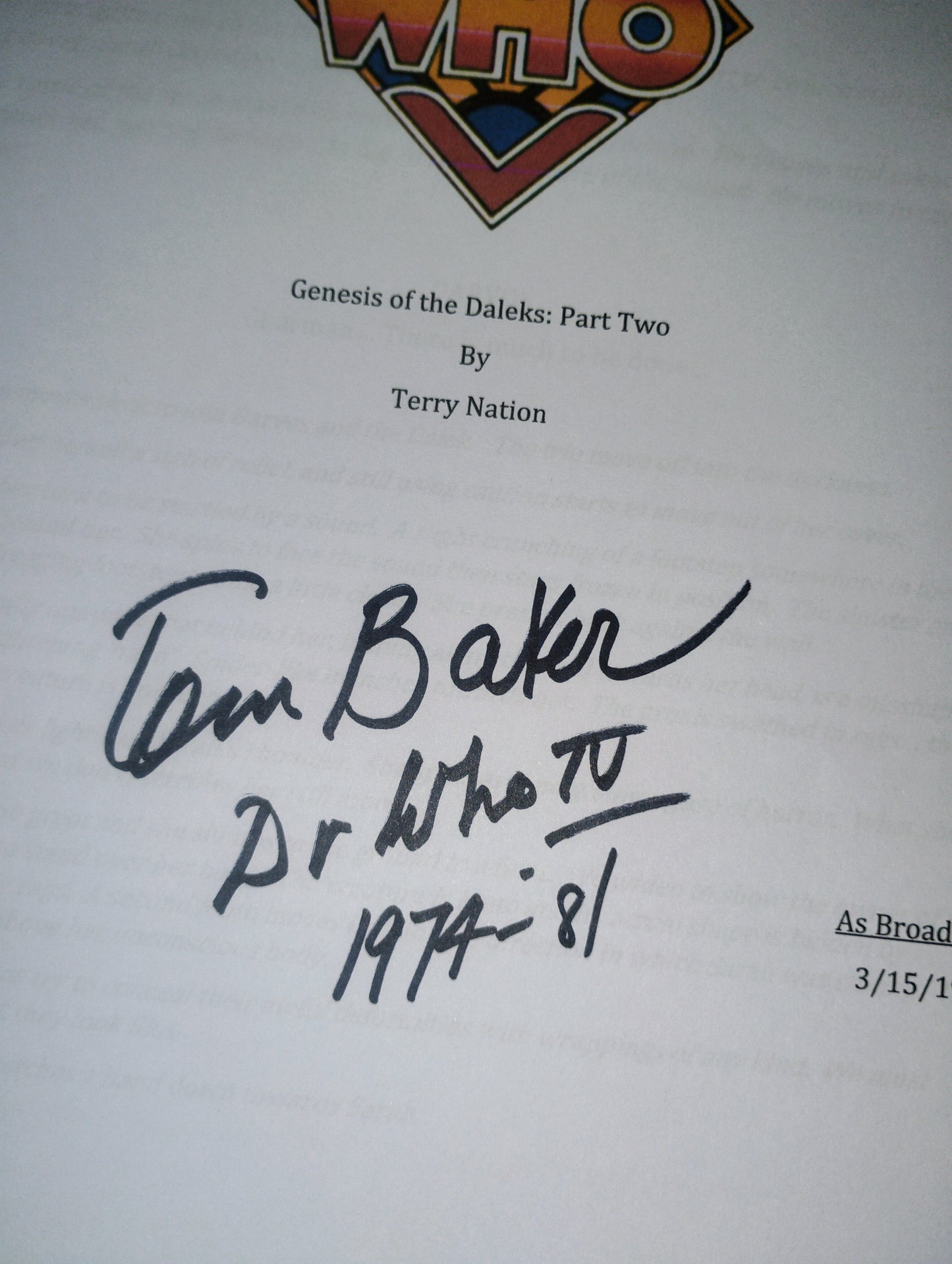 Tom Baker Hand Signed Autograph Doctor Who Script COA