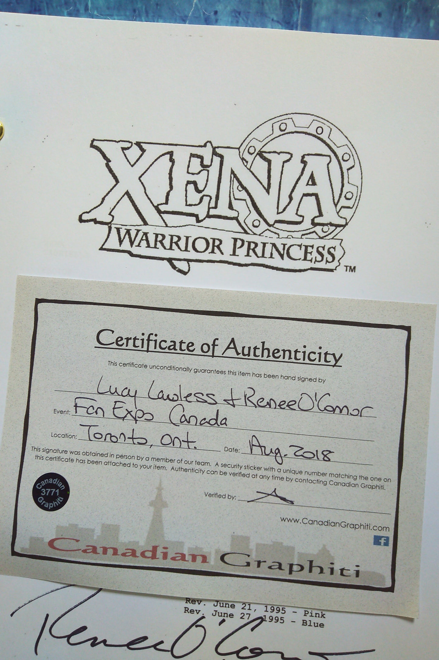 Lucy Lawless & Renee O'Connor Hand Signed Autograph Xena Script COA