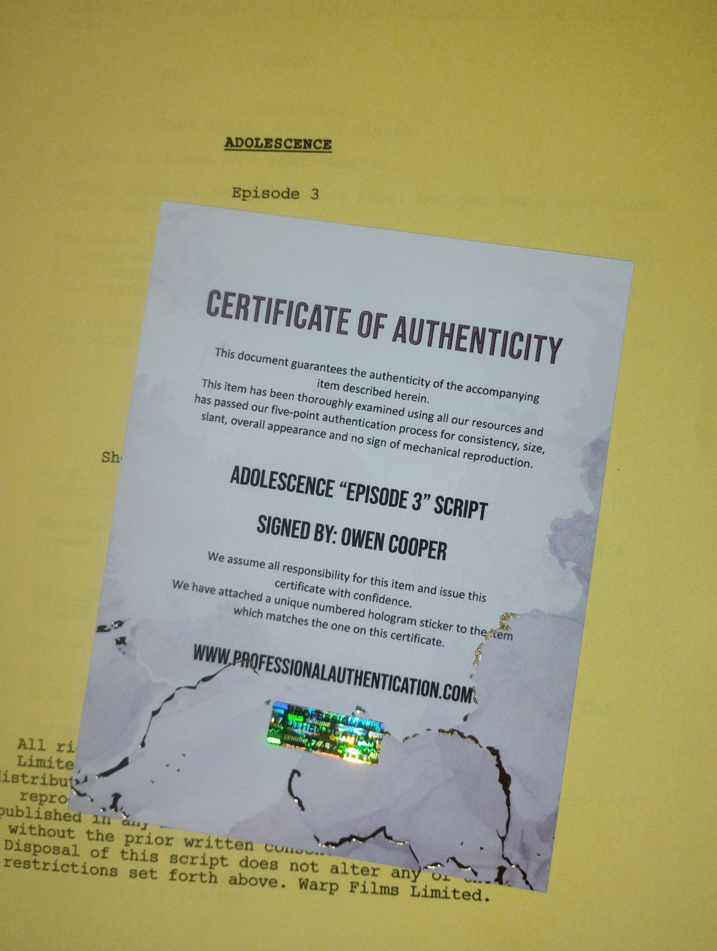 Owen Cooper Hand Signed Autograph Adolescence Script COA