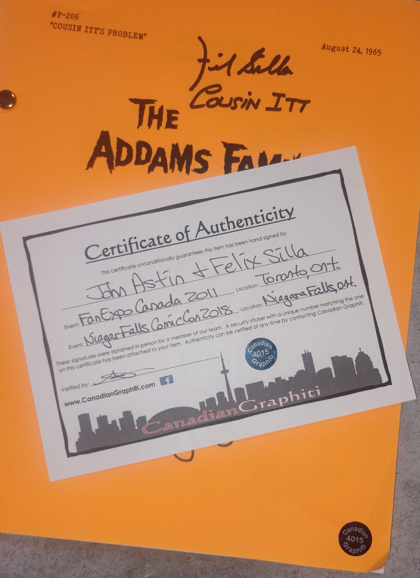 John Astin & Felix Silla Hand Signed Autograph The Addams Family Script COA