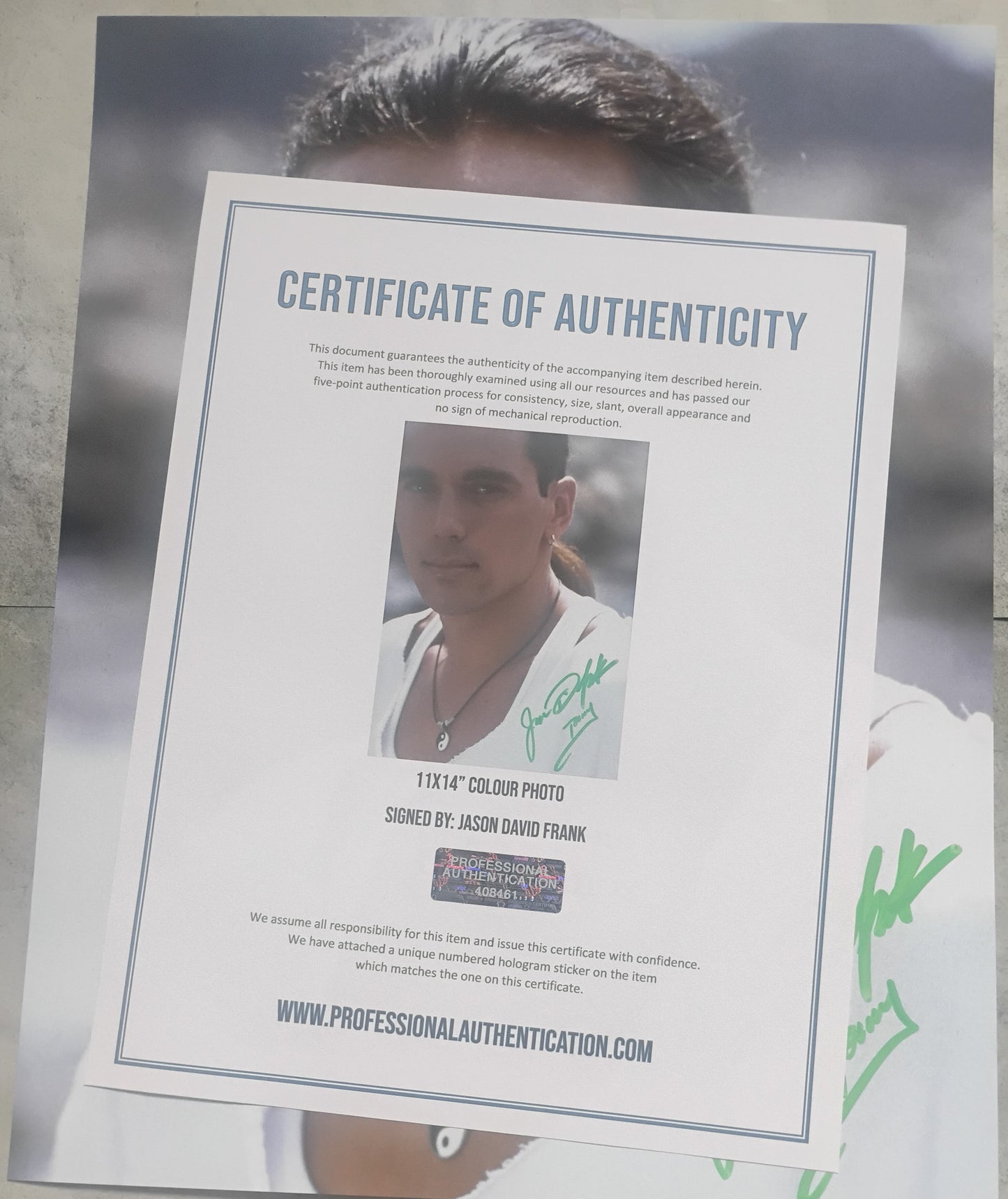 Jason David Frank Hand Signed Autograph 11x14 Photo COA Power Rangers