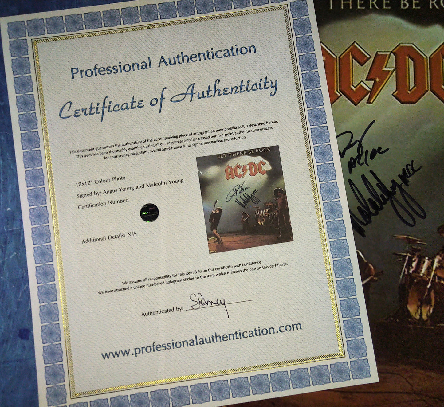 Angus Young & Malcolm Young AC/DC Hand Signed Autograph 12x12 Photo COA