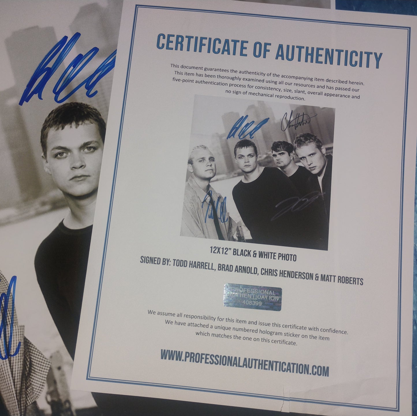 3 Doors Down Hand Signed Autograph 12x12 Photo COA Brad Arnold, Todd Harrell, Matt Roberts
