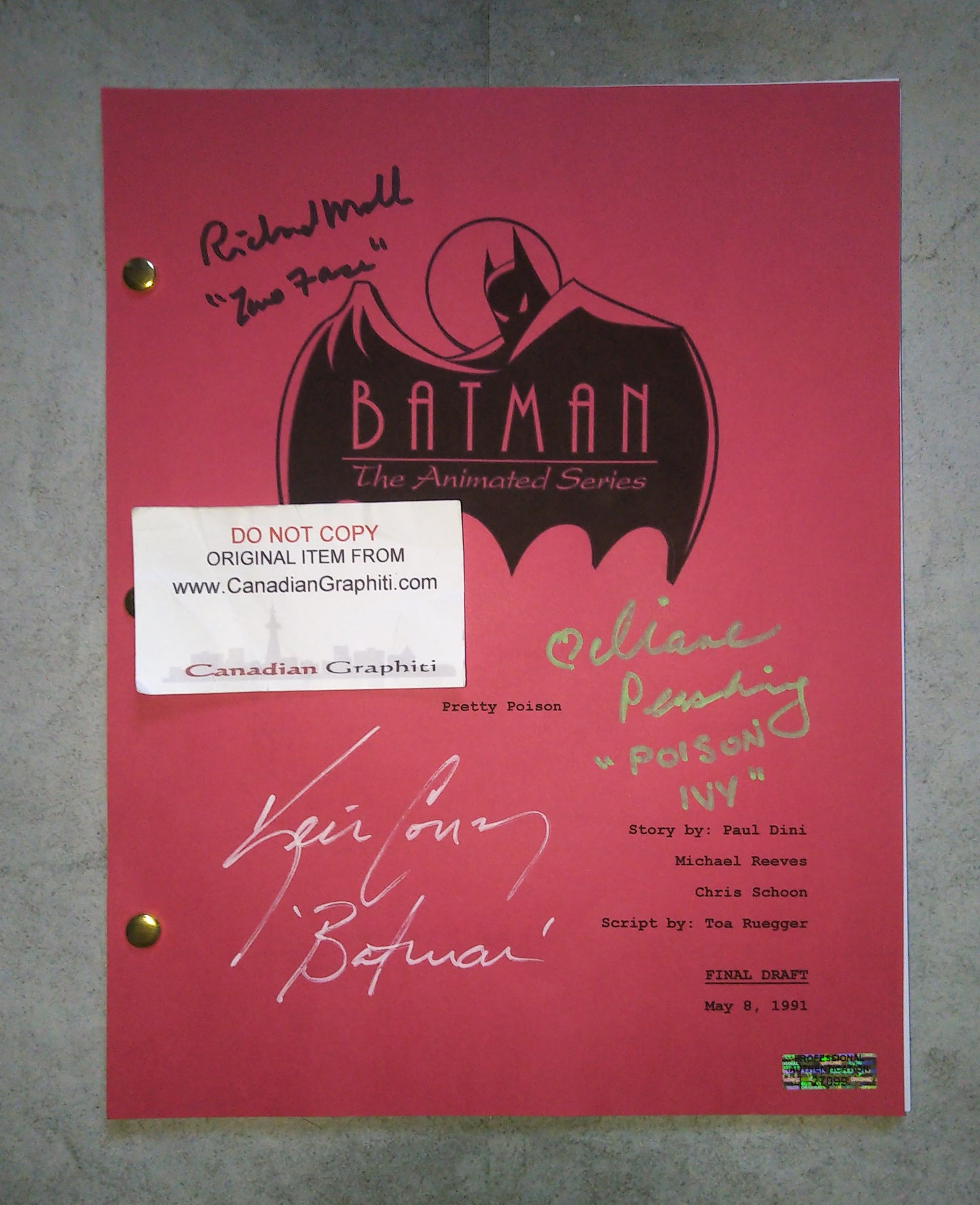 Batman Cast Hand Signed Script COA Kevin Conroy, Diane Pershing & Richard Moll
