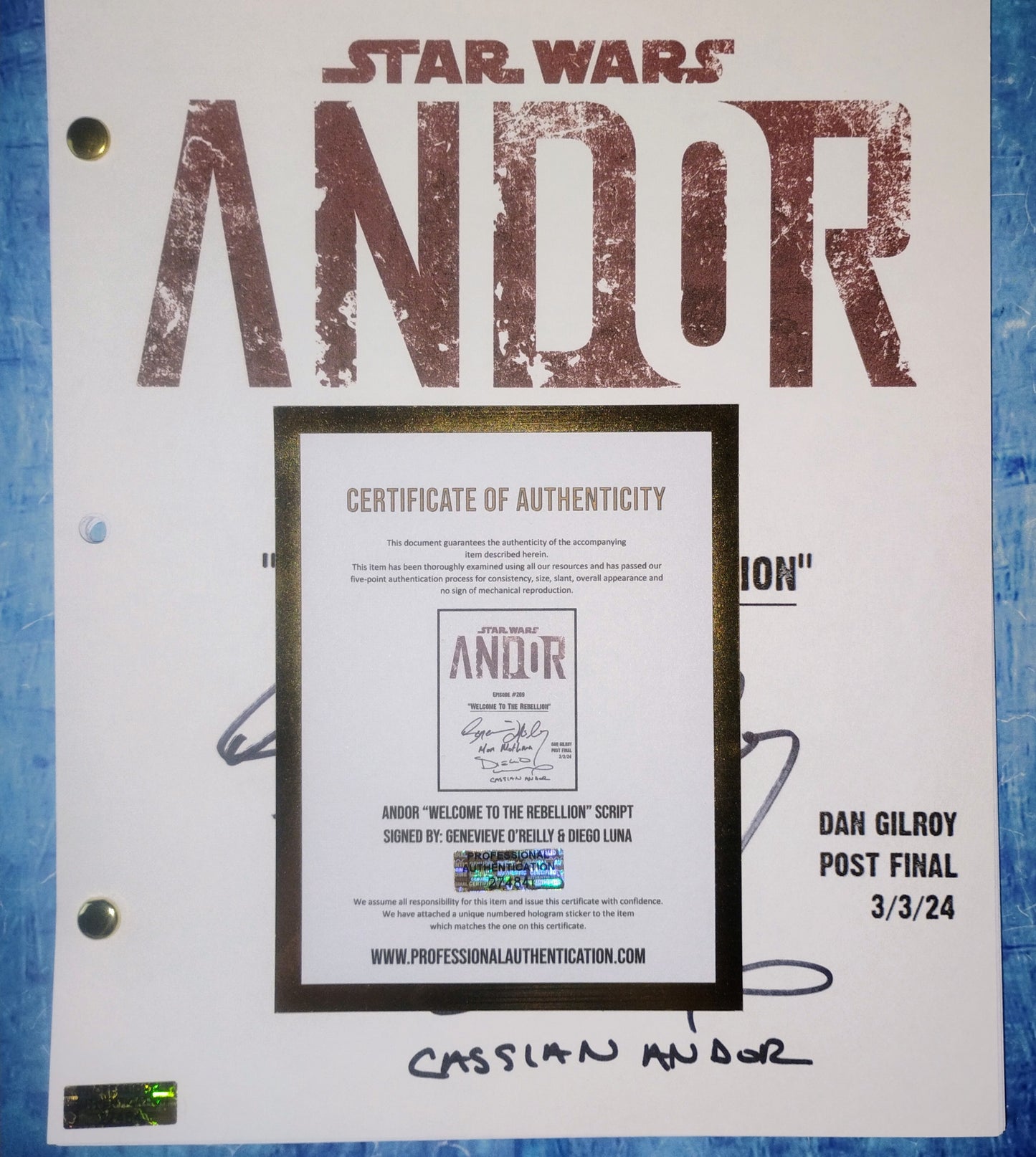 Diego Luna & Genevieve O'Reilly Hand Signed Autograph Star Wars Andor Script COA