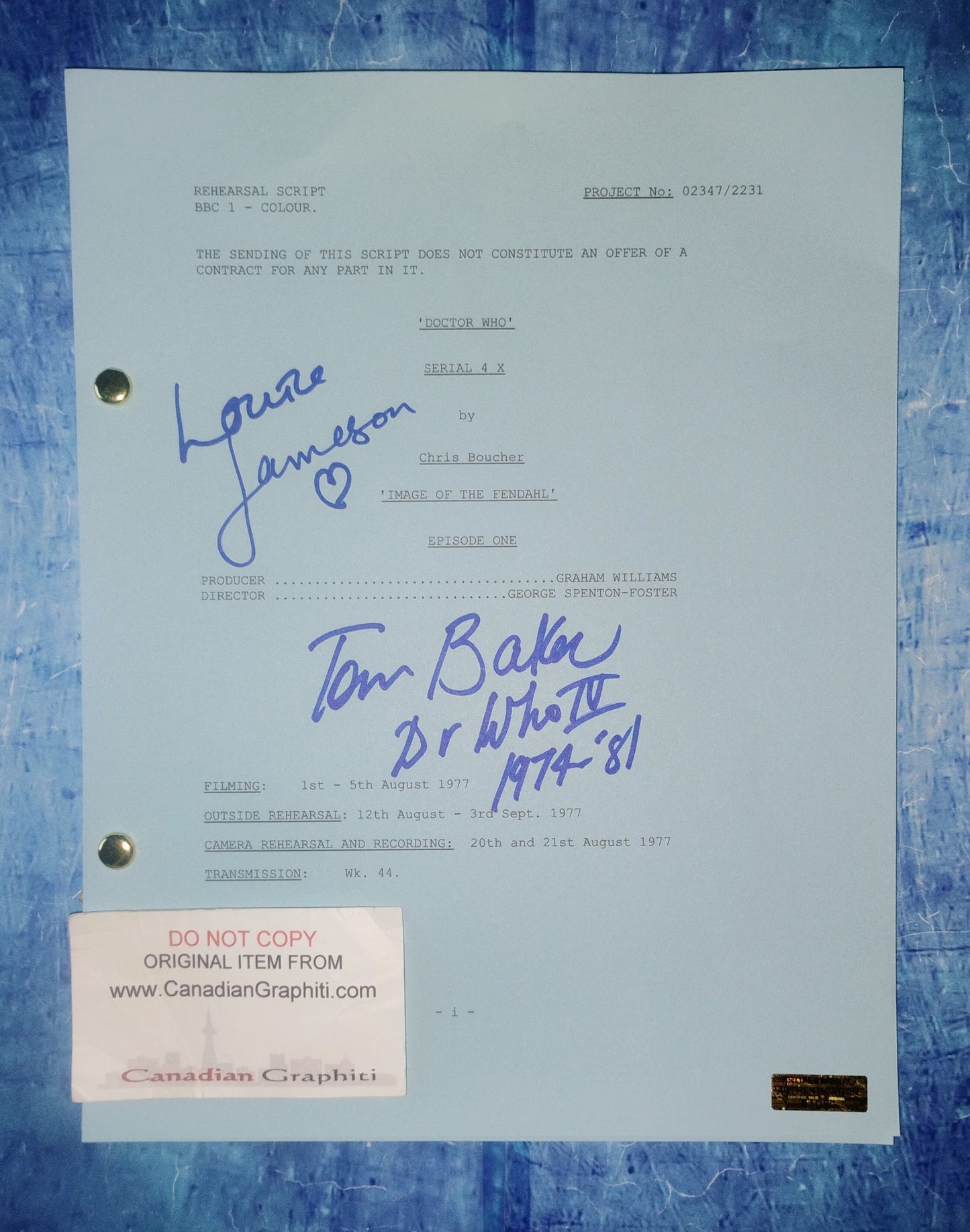 Louise Jameson & Tom Baker Hand Signed Autograph Doctor Who Script COA
