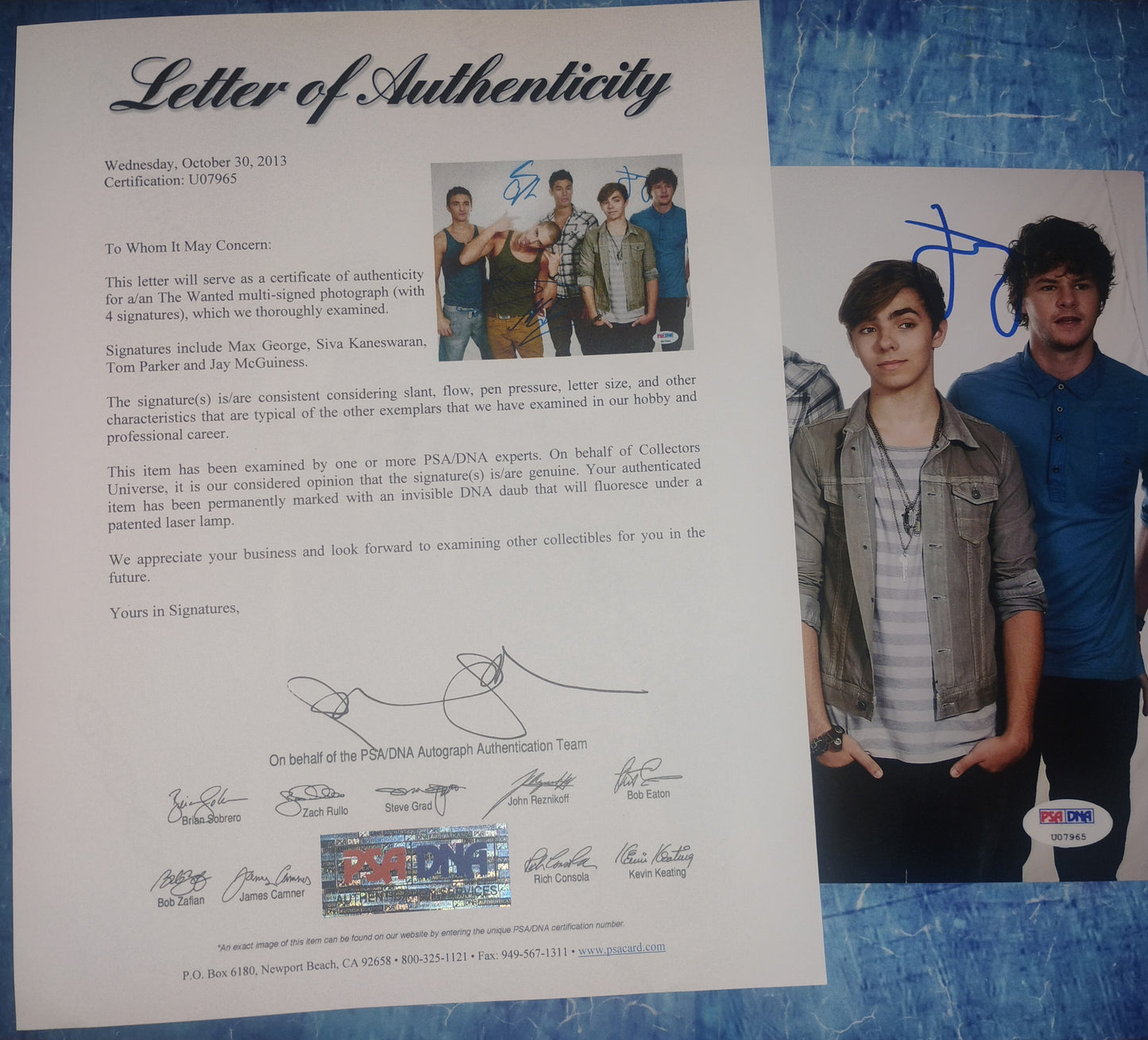 The Wanted Hand Signed Autograph 8x10 Photo PSA COA Tom Parker, Max George, Siva Kaneswaran & Jay McGuiness