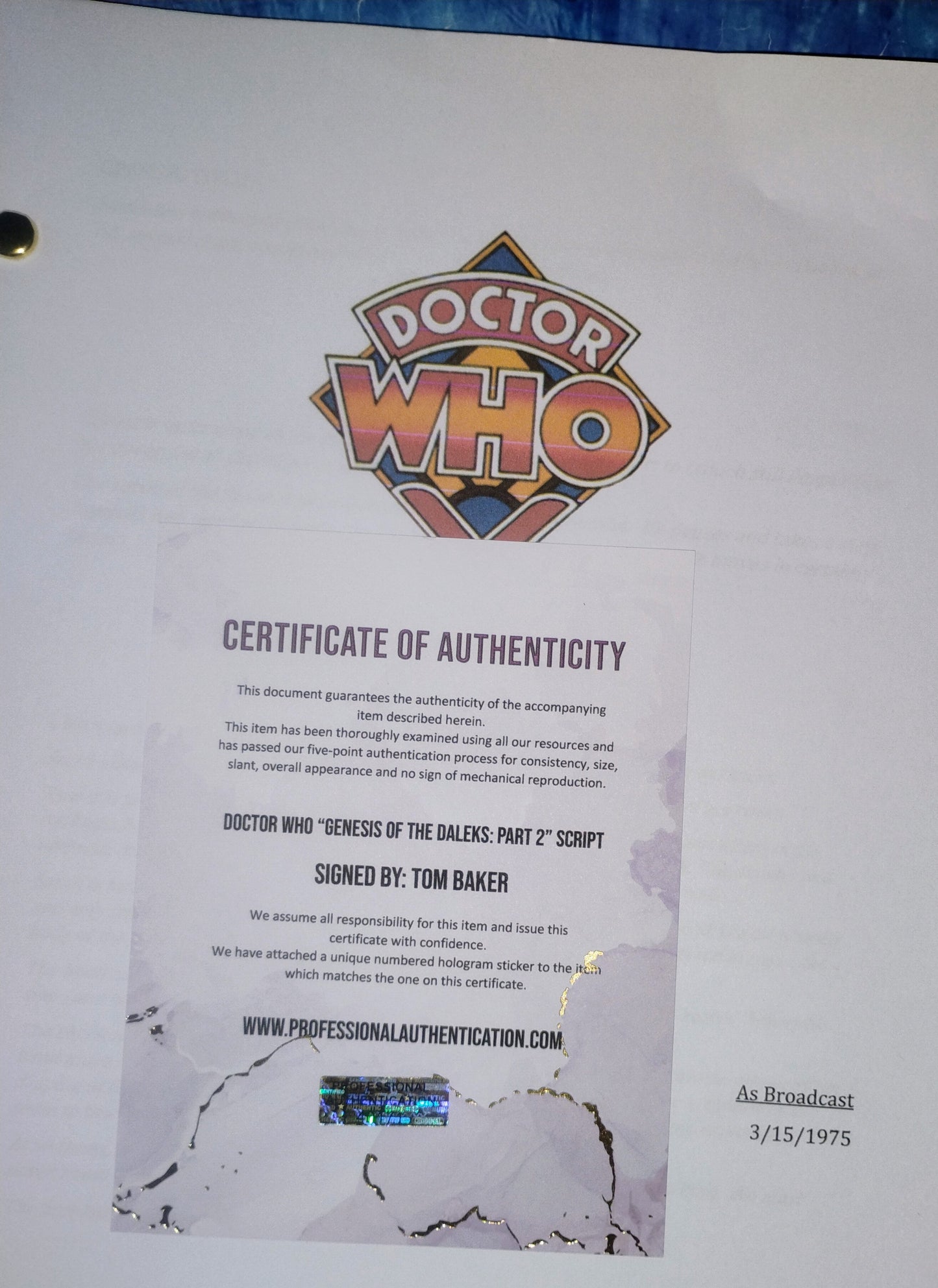 Tom Baker Hand Signed Autograph Doctor Who Script COA