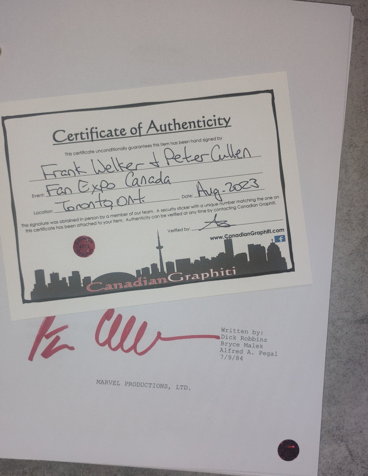 Peter Cullen & Frank Welker Hand Signed Autograph Transformers Script COA