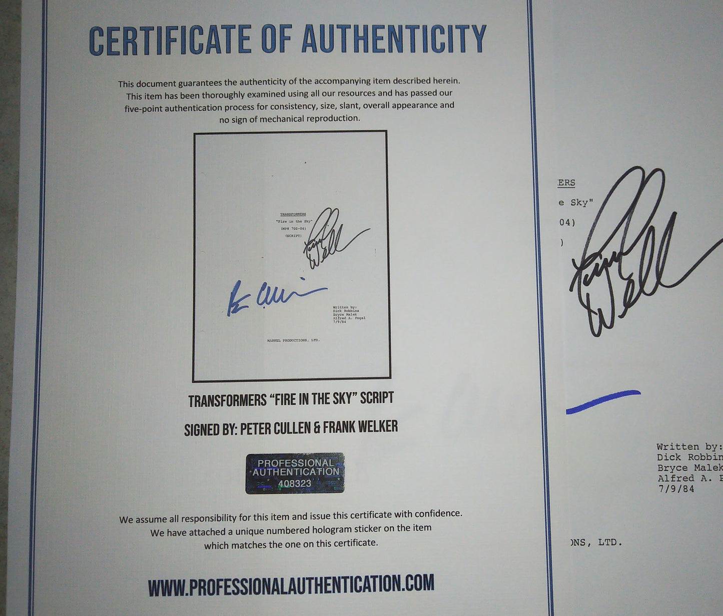 Peter Cullen & Frank Welker Hand Signed Autograph Transformers Script COA