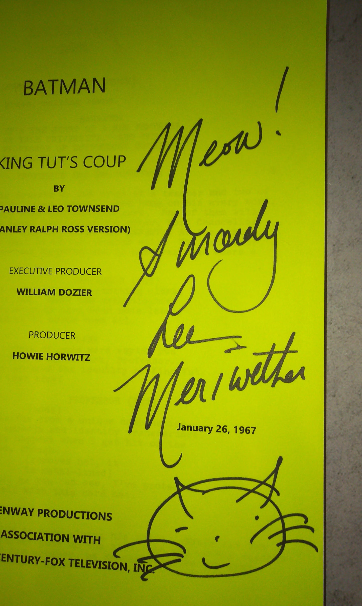 Lee Meriwether Hand Signed Autograph Batman Script COA