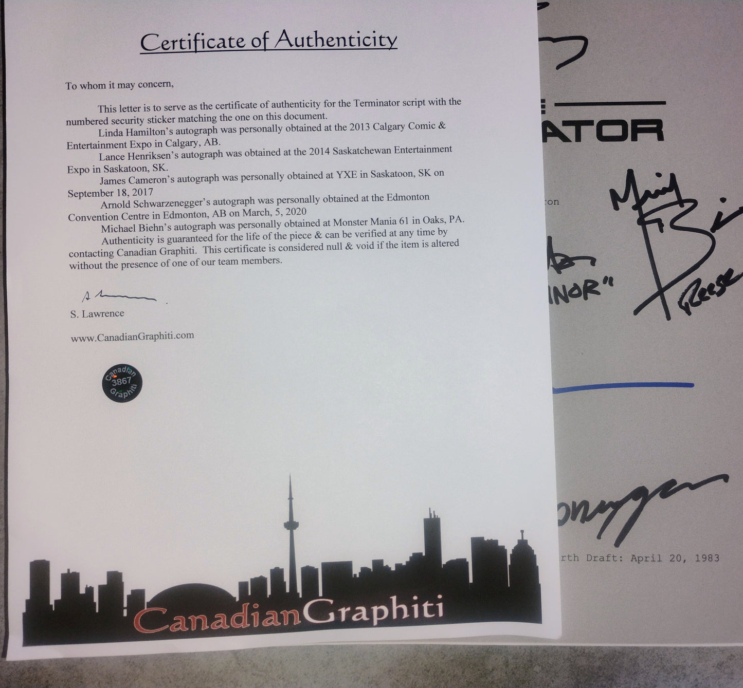 The Terminator 5x Cast Hand Signed Autograph Script COA Arnold Schwarzenegger, Linda Hamilton