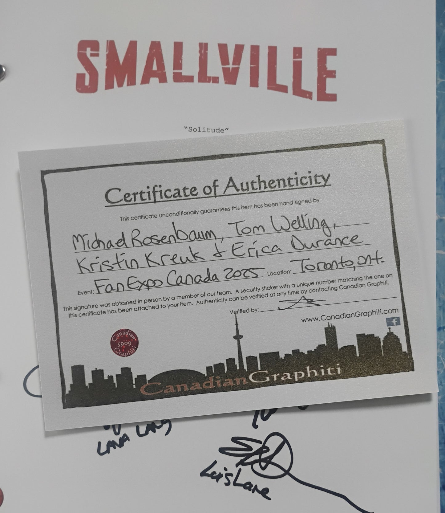Smallville 4x Cast Hand Signed Autograph COA Tom Welling, Michael Rosenbaum, Erica Durance & Kristin Kreuk