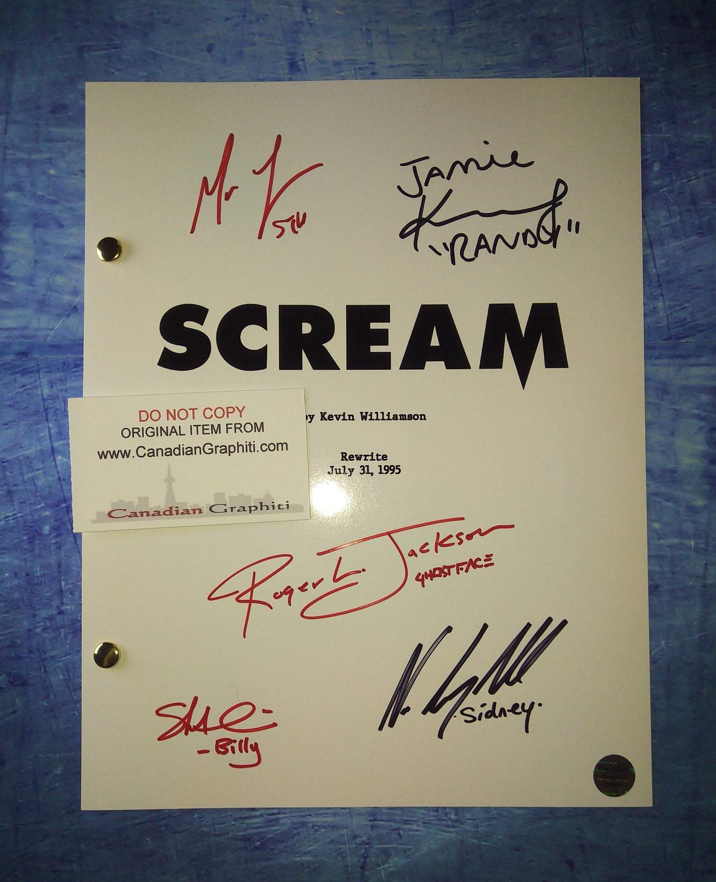 Matthew Lillard, Skeet Ulrich, Neve Campbell, Roger Jackson & Jamie Kennedy Hand Signed Autograph Scream Script