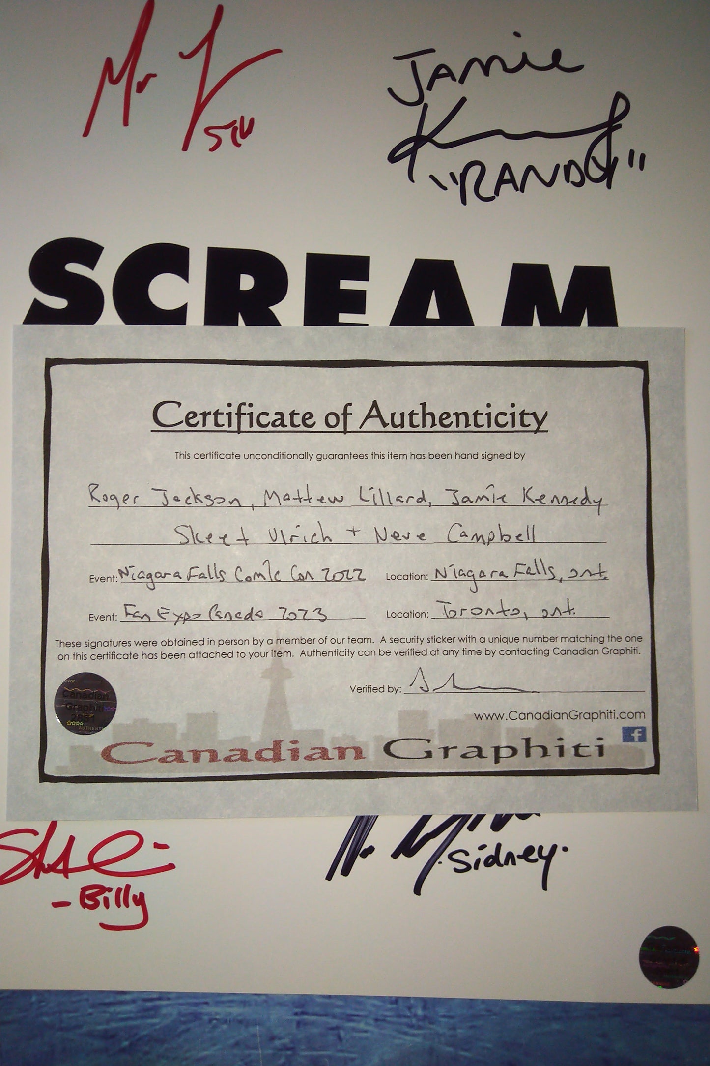 Matthew Lillard, Skeet Ulrich, Neve Campbell, Roger Jackson & Jamie Kennedy Hand Signed Autograph Scream Script