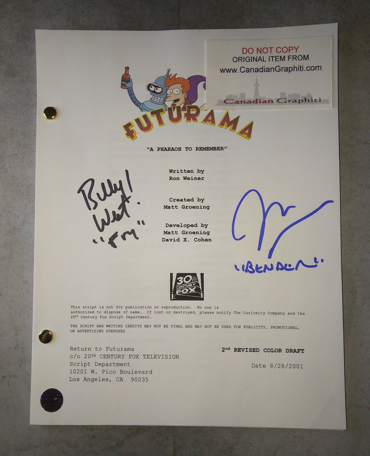 John DiMaggio & Billy West Hand Signed Autograph Futurama Script COA