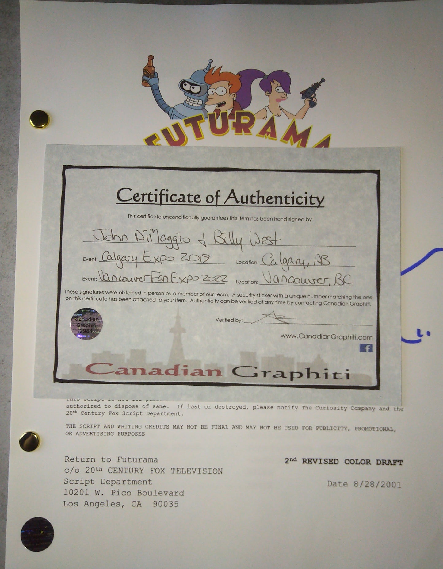 John DiMaggio & Billy West Hand Signed Autograph Futurama Script COA