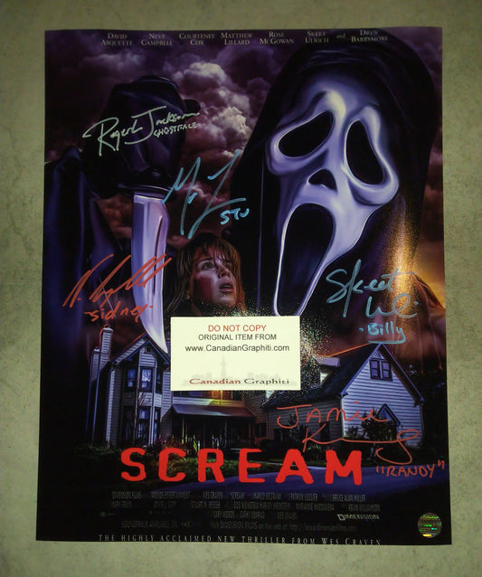 Scream Cast Hand Signed Autograph 11x14 Photo Neve Campbell, Skeet Ulrich, Matthew Lillard, Roger Jackson & Jamie Kennedy