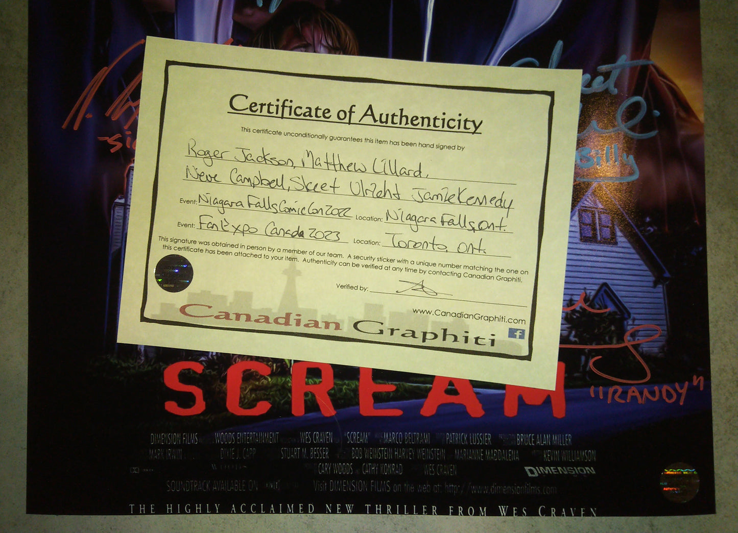 Scream Cast Hand Signed Autograph 11x14 Photo Neve Campbell, Skeet Ulrich, Matthew Lillard, Roger Jackson & Jamie Kennedy