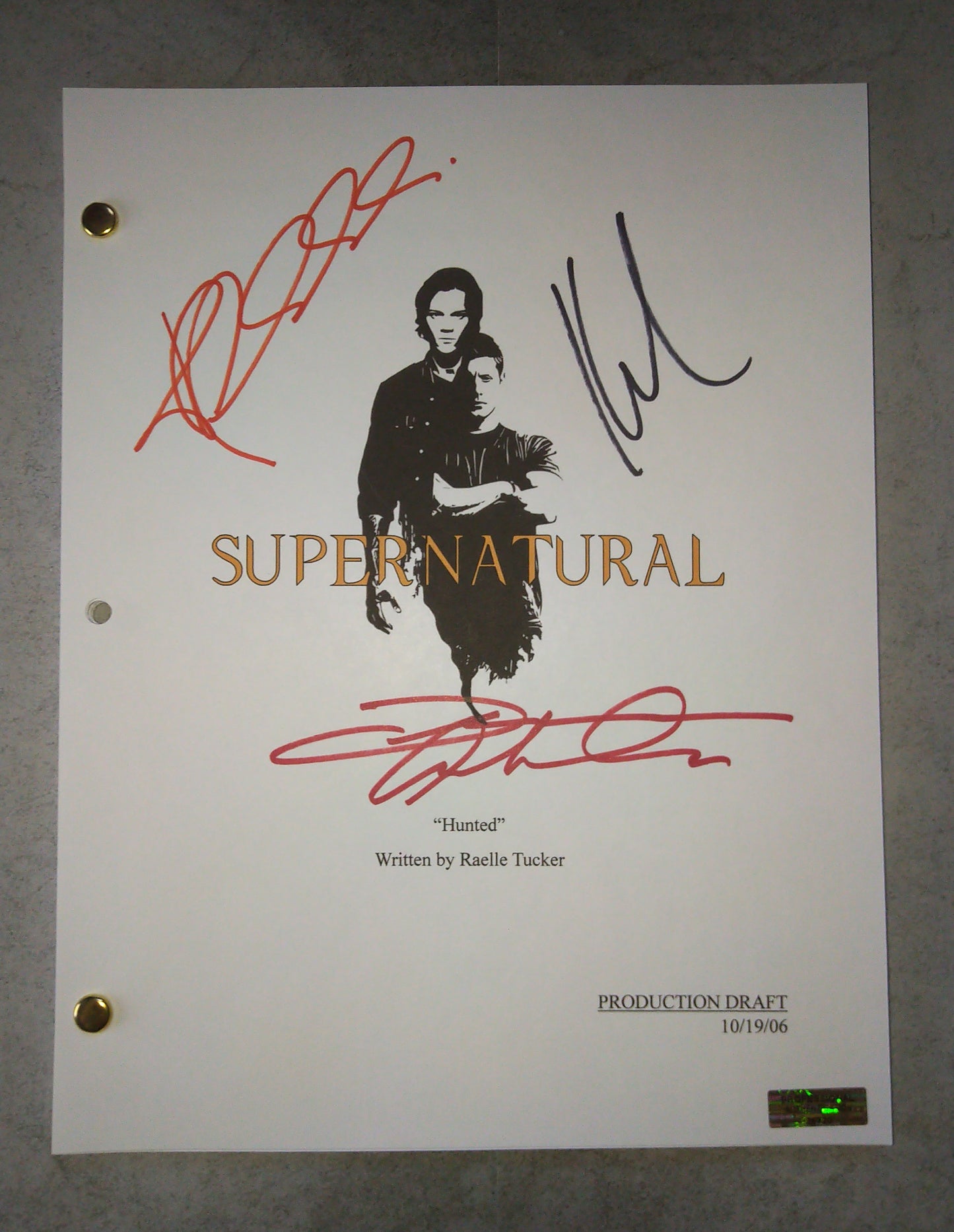 Jensen Ackles, Jared Padalecki & Katharine Isabelle Hand Signed Autograph Supernatural Script COA