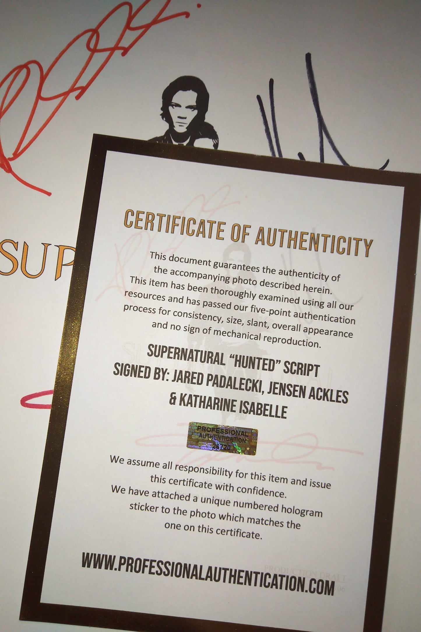 Jensen Ackles, Jared Padalecki & Katharine Isabelle Hand Signed Autograph Supernatural Script COA